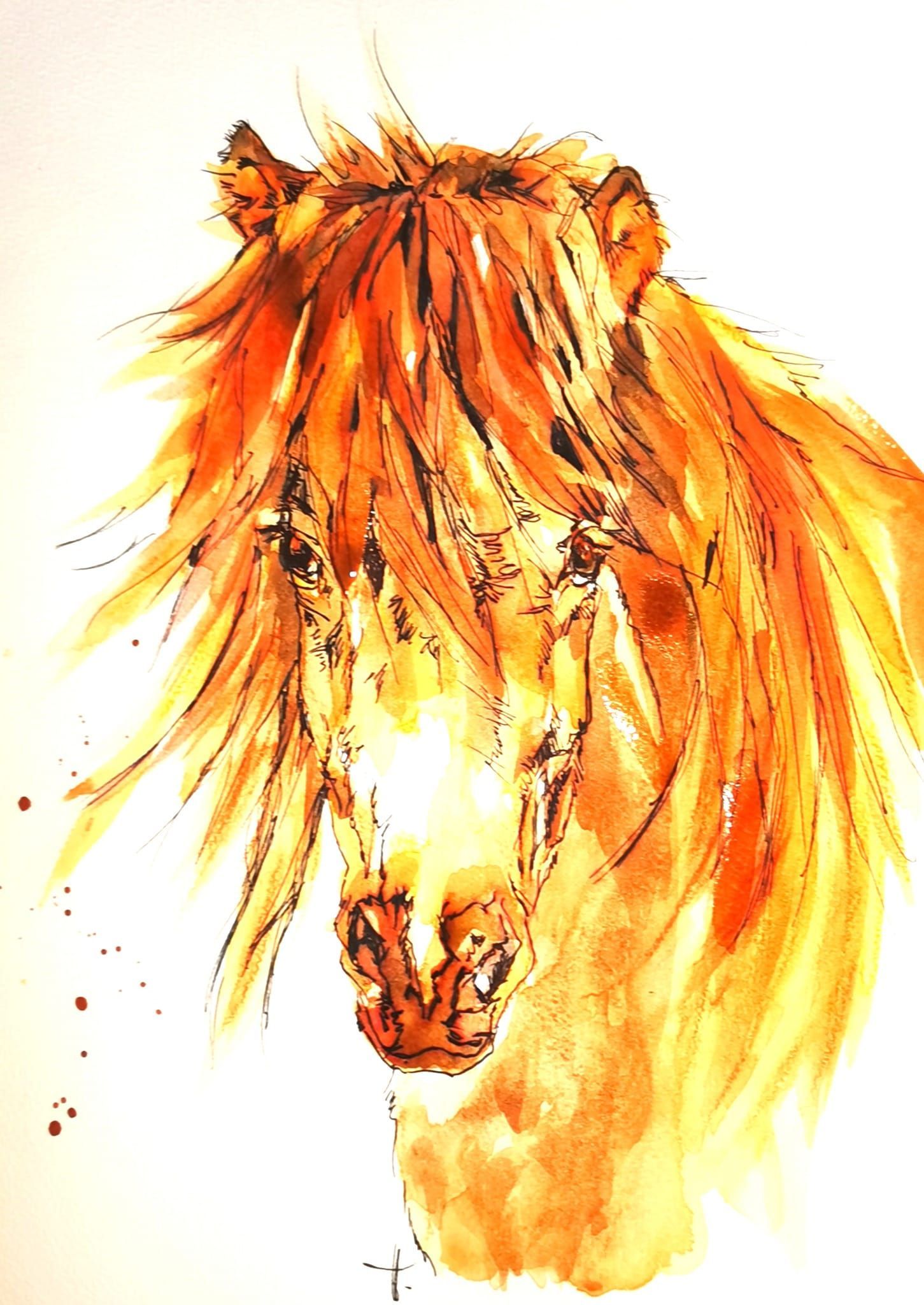 Foto zeigt eine Aquarellzeichnung Pferd