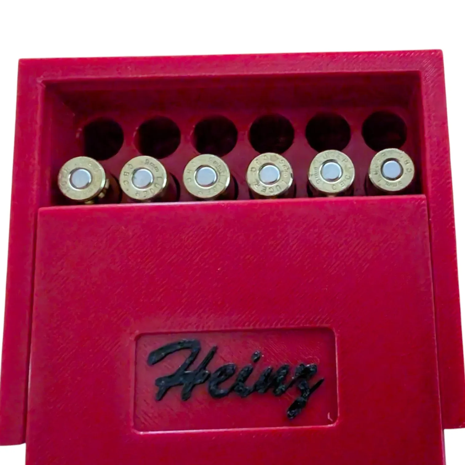 Munitionsbox  rot für Cal. 9mm teilgeöffnet