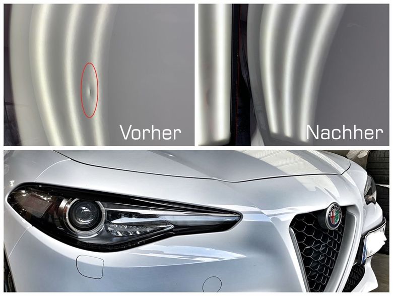 Delle in Aluminiumtür eines Alfa Romeo