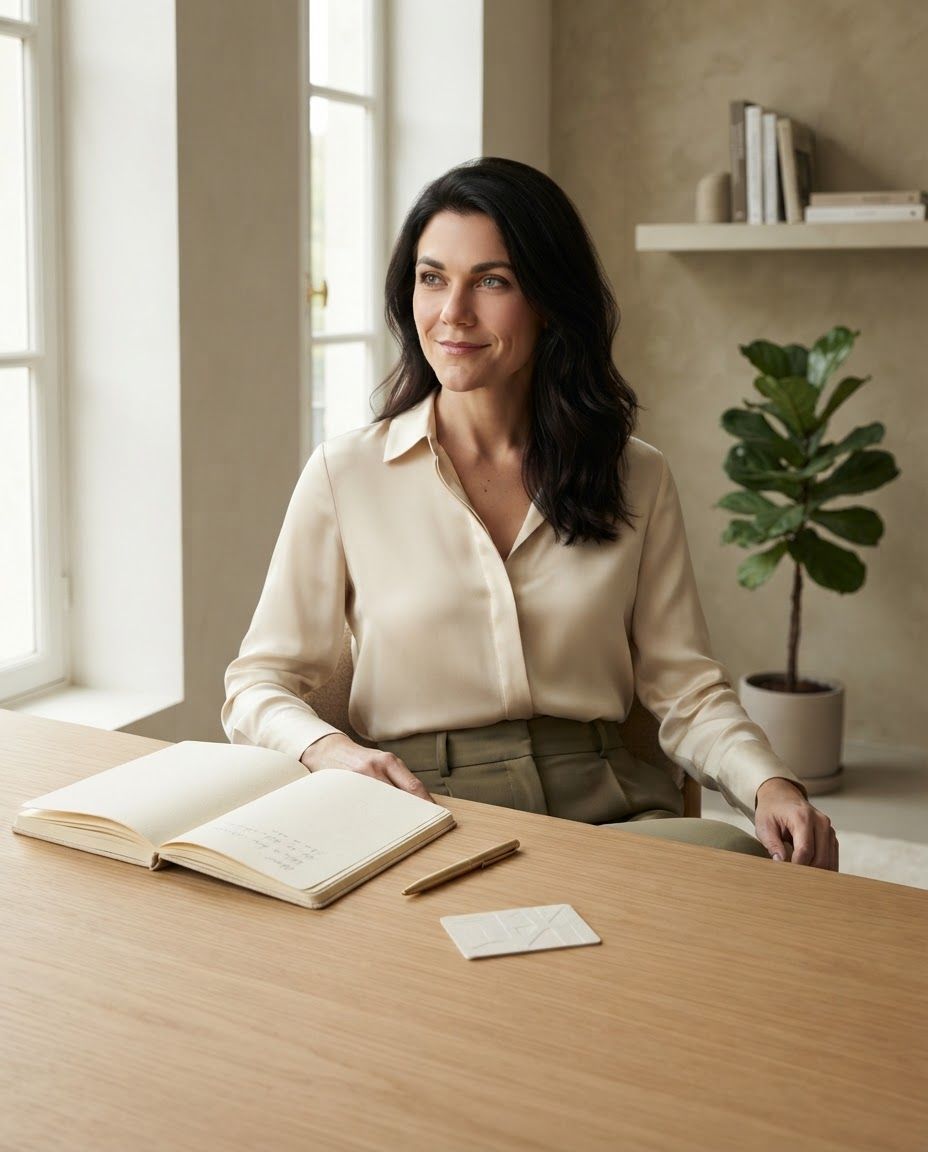 Nicolette Menge mit Notizbuch — Ruhe und Klarheit der Mitgliedschaft
