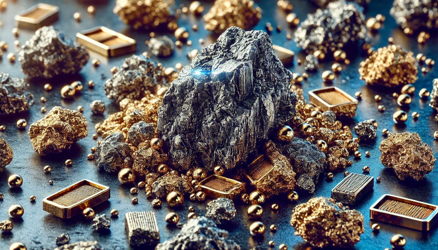 Erze, Goldnuggets und Mikrochips auf dunkler Oberfläche arrangiert