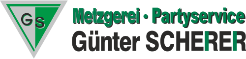 Logo für Metzgerai und Partyservice Günter Scherer. Grünes und graues Dreieck mit „Gs“.