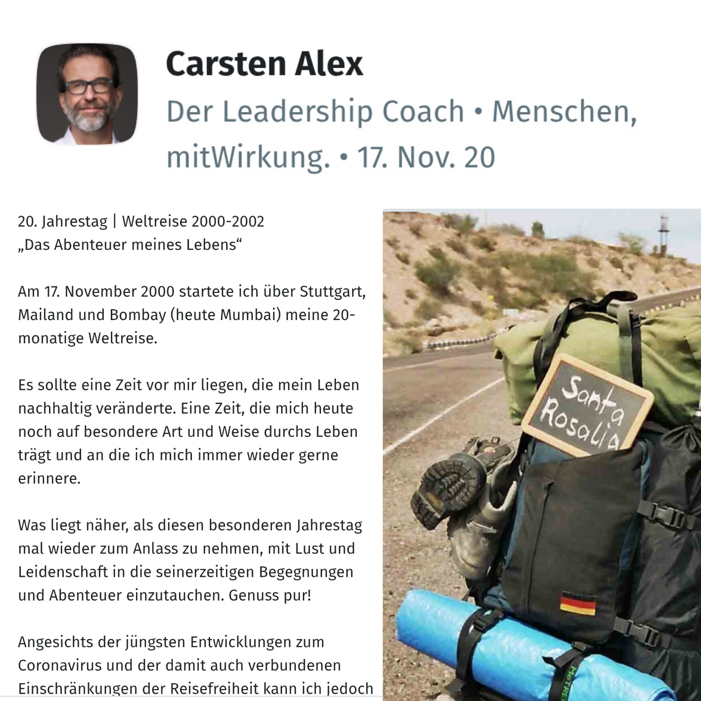 Ein Foto der Weltreise und ein Rückblick am 20. Jahrestag