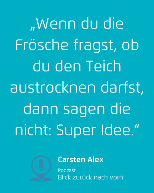Türkiser Zitat-Post mit weißer Schrift über Frösche und Teich, von Carsten Alex.