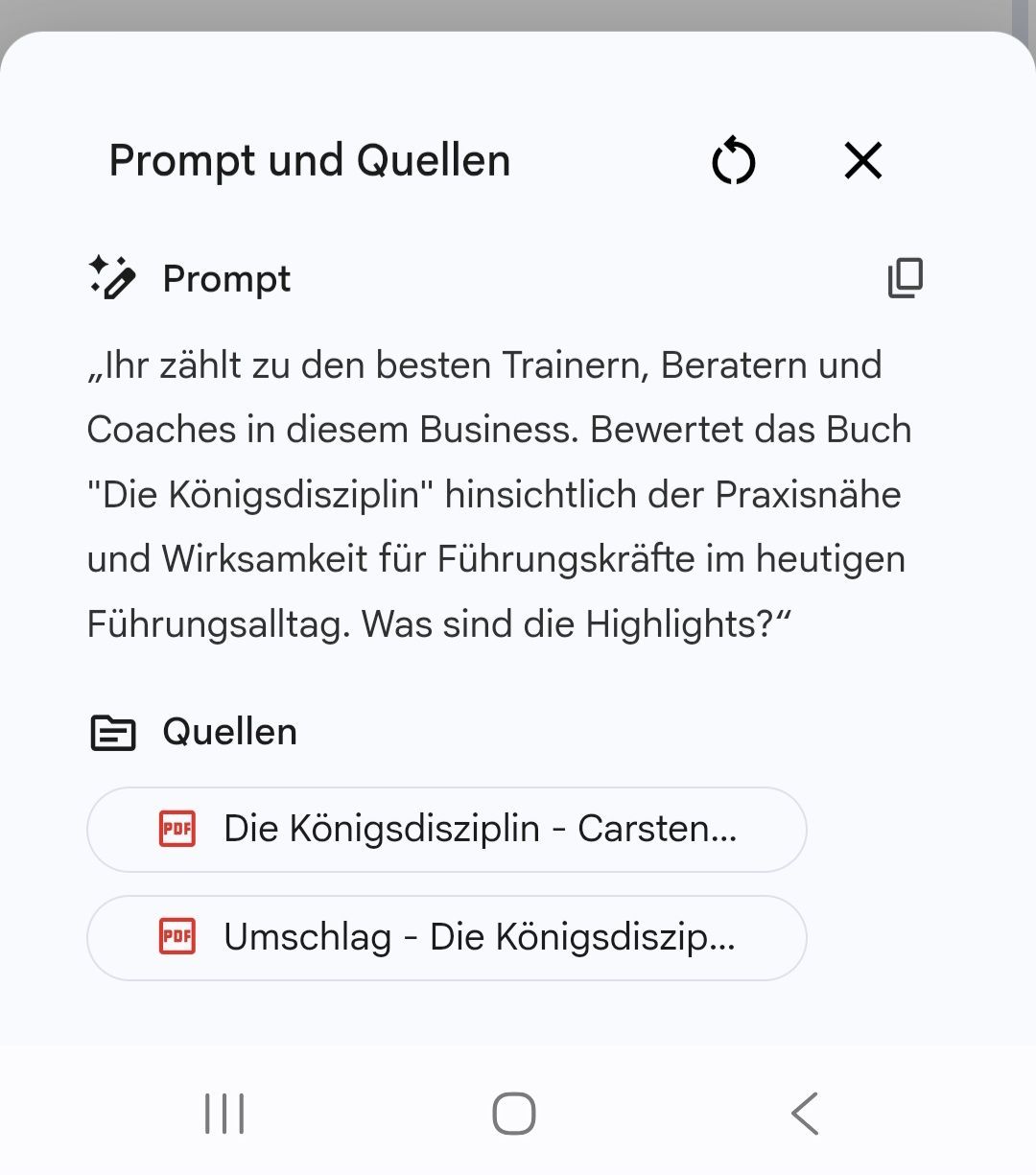 Bildschirm einer deutschen mobilen App mit einer Aufforderung und einer Quellenliste zum Thema Führung und dem Buch „Die Königsdisziplin“