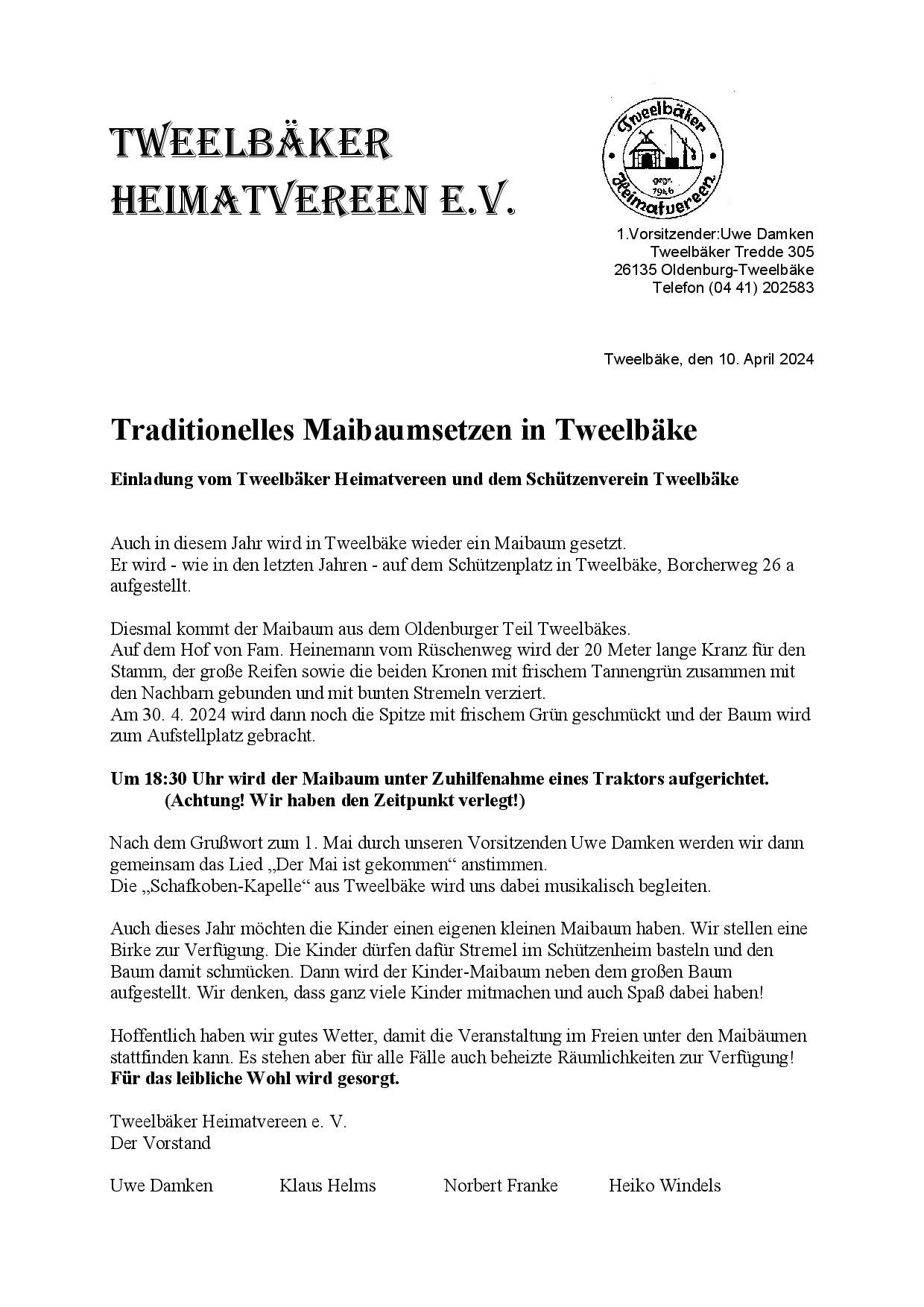 Pressemitteilung Tweelbäker Heimatverein Maibaumsetzen 2024