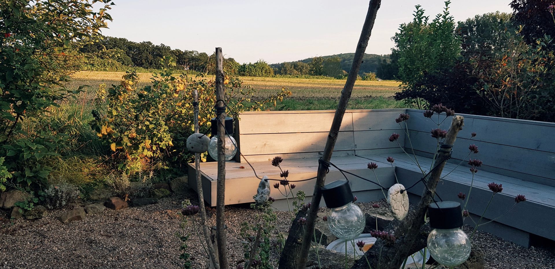 Eine Holzbank an einer Feuerschale im Garten von Julia Pantou. Im Hintergrund sind Felder und Wald.