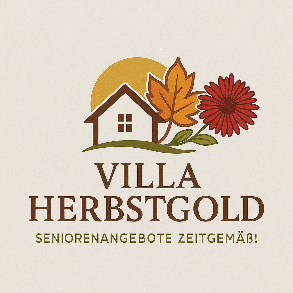 Logo für die Seniorenbetreuung „Villa Herbstgold“ mit einem Haus, einer Sonne, Blättern und einer Blume. Braun-, Gold- und Rottöne.