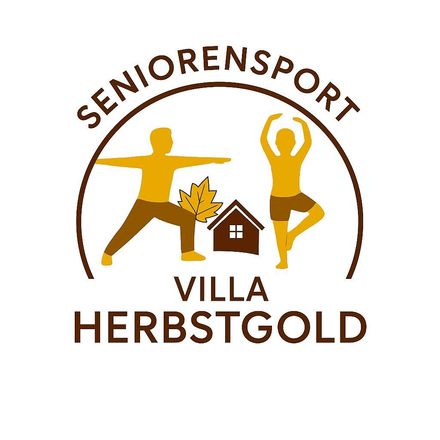 Logo für Seniorensport Villa Herbstgold: brauner Kreis mit goldenen Figuren in Yoga-Posen, kleinem Haus und Ahornblatt.