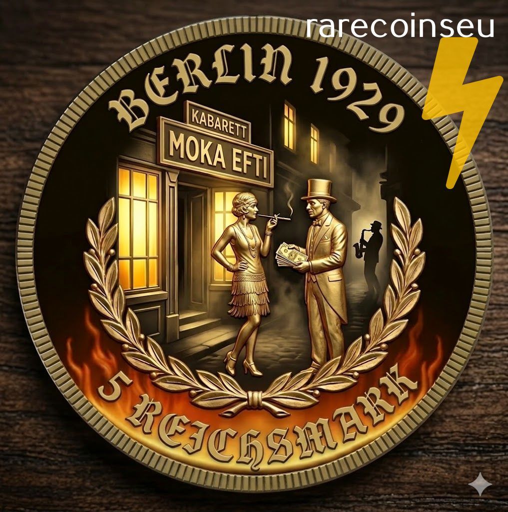 Circular gold-and-black Berlin 1929 coin art with figures, laurel wreath, and flames at the bottom