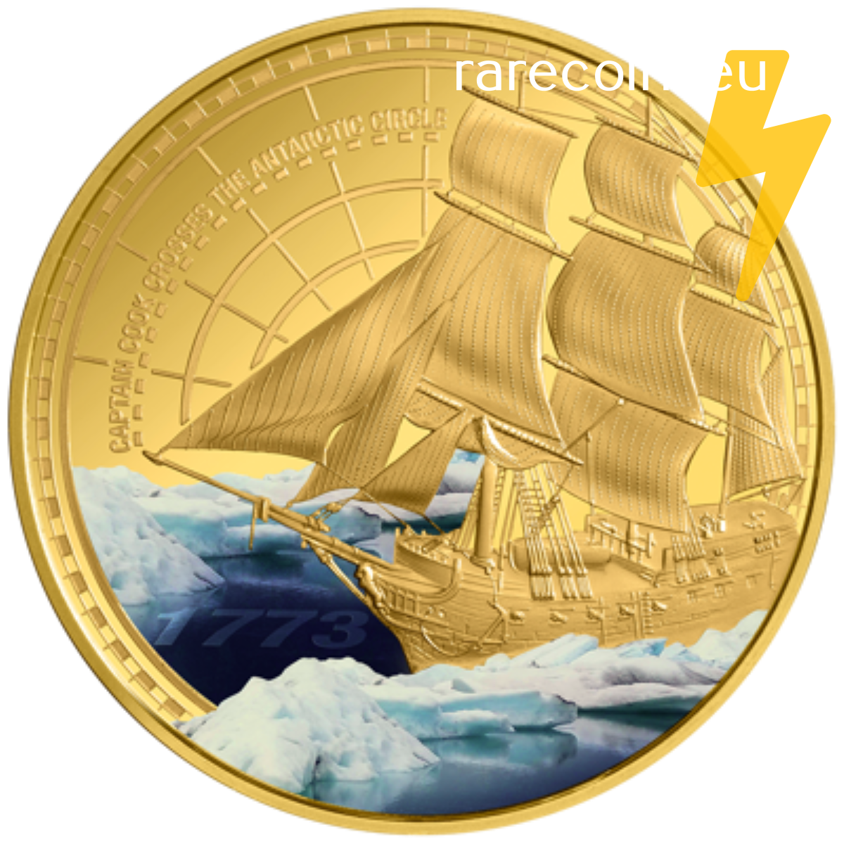 Gold coin with a sailing ship on ocean waves, featuring a yellow lightning bolt