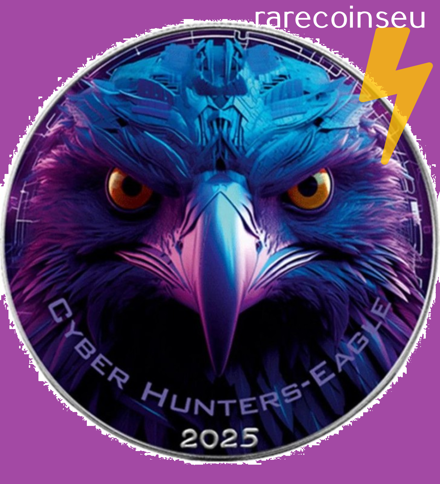Stylized blue eagle logo with red eyes on purple background, labeled Cyber Hunters-East 2025