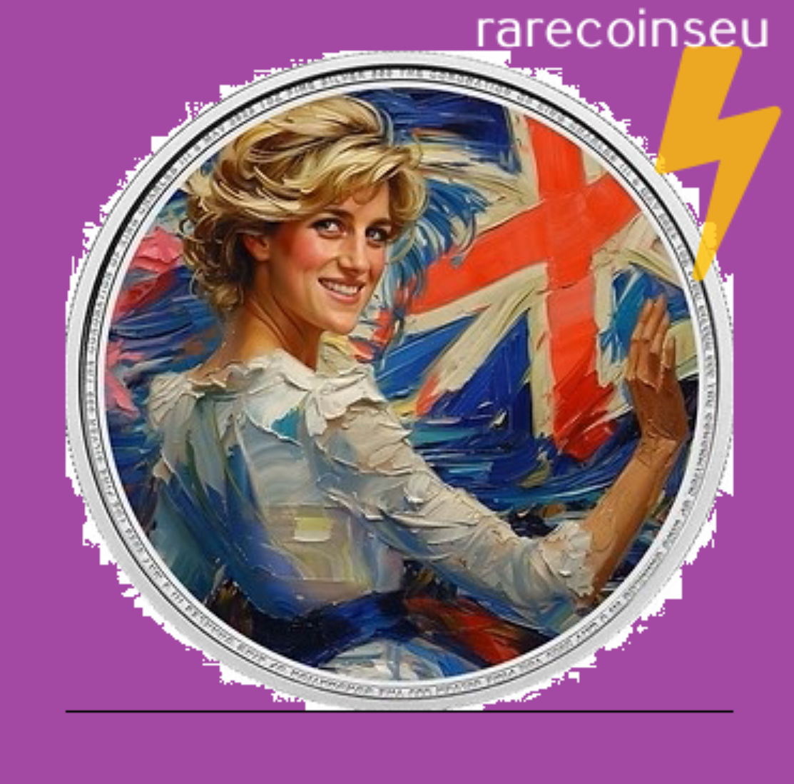 Stylized portrait of a woman painting the Union Jack, in a round silver frame with a lightning bolt icon