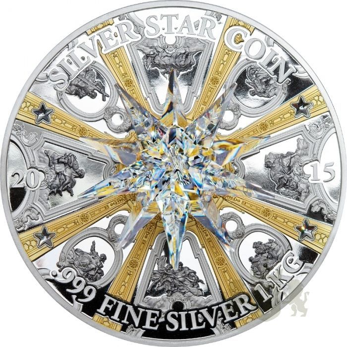Silver coin with starburst center, gold accents, and text “SILVER STAR COIN” and “999 FINE SILVER 1 OZ”