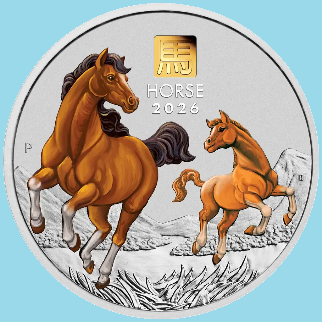 Gold-toned 2026 horse coin with two horses, one adult and one foal, against a silver landscape background