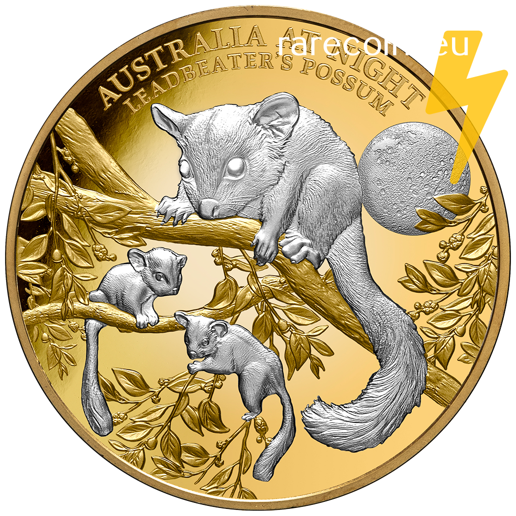 Gold Australian coin with two possums on branches, one gray and one white, and a yellow lightning bolt icon.