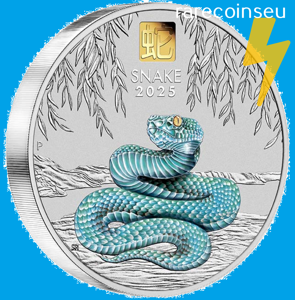 Silver coin with a turquoise snake and the text “SNAKE 2025”