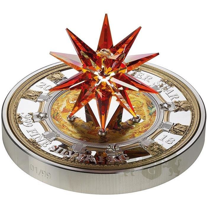 Red crystal star ornament on a round silver coin-like base with engraved details