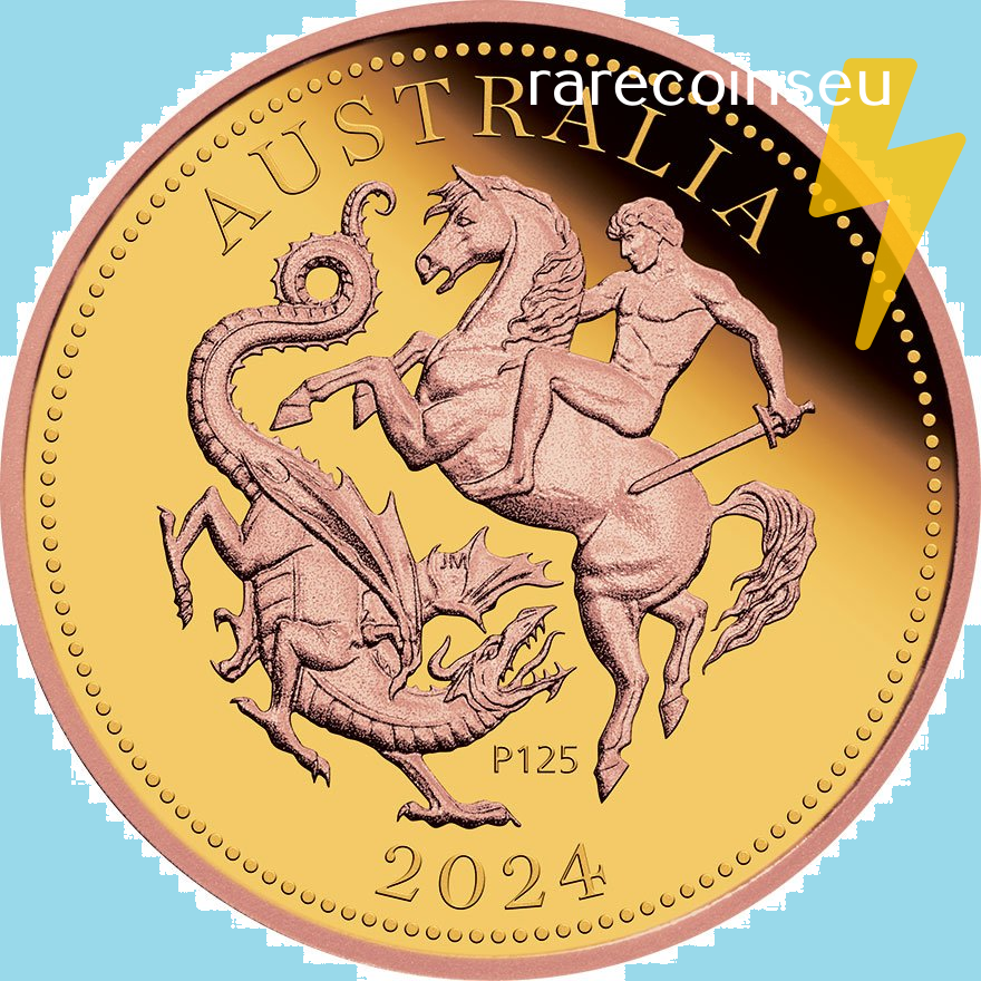 Australian 2024 coin featuring a centaur, a dragon, and a rider in gold and bronze tones