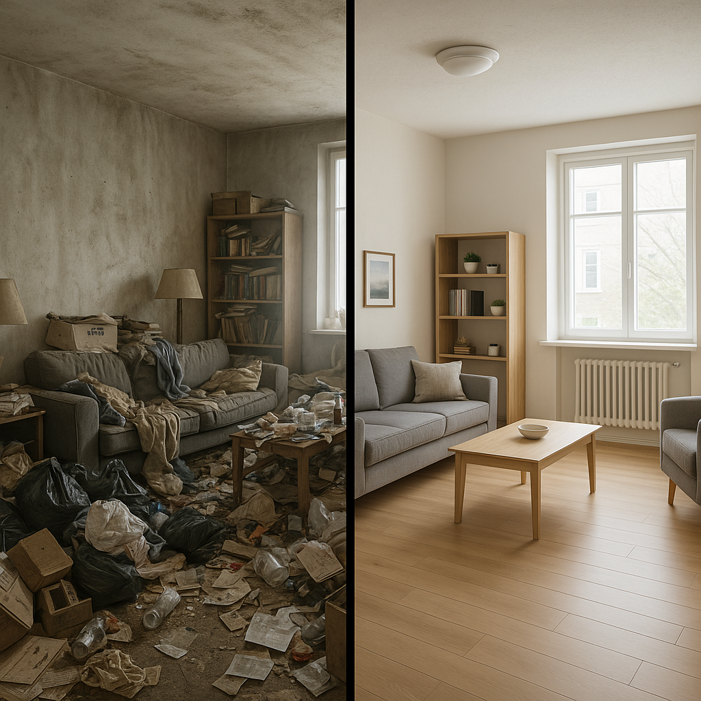 Vorher und nachher in einem Zimmer: links unordentlich und vollgestellt, rechts sauber und ordentlich.
