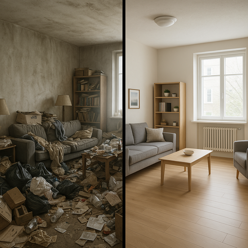 Vorher und nachher in einem Zimmer: links unordentlich und vollgestellt, rechts sauber und ordentlich.