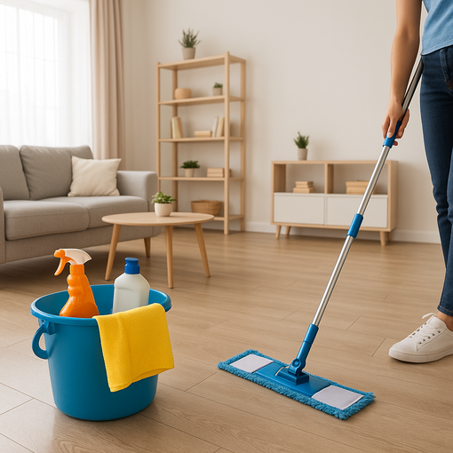 Eine Person wischt einen Holzboden in einem Wohnzimmer; Reinigungsmittel befinden sich in einem blauen Eimer.