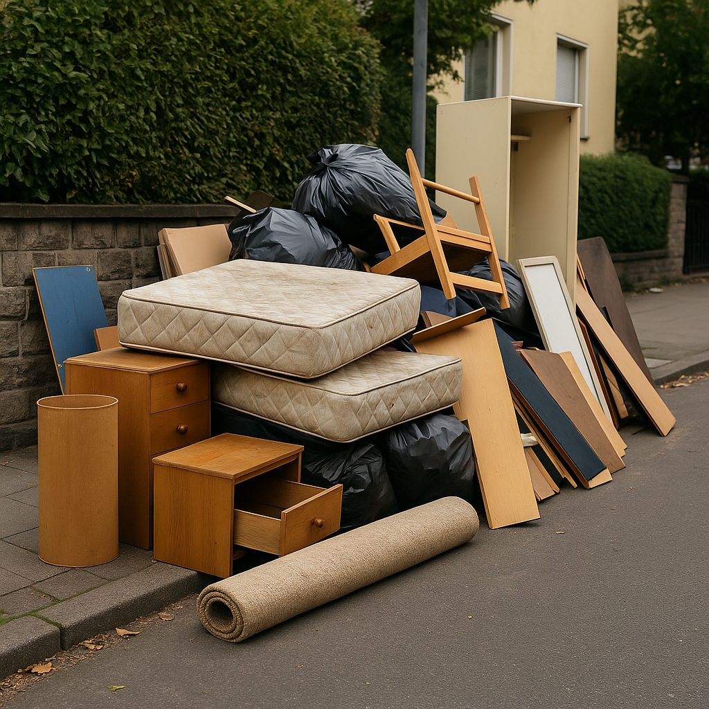 Ein Haufen weggeworfener Möbel und Müllsäcke liegt auf einem Gehweg an einer Mauer und der Straße.