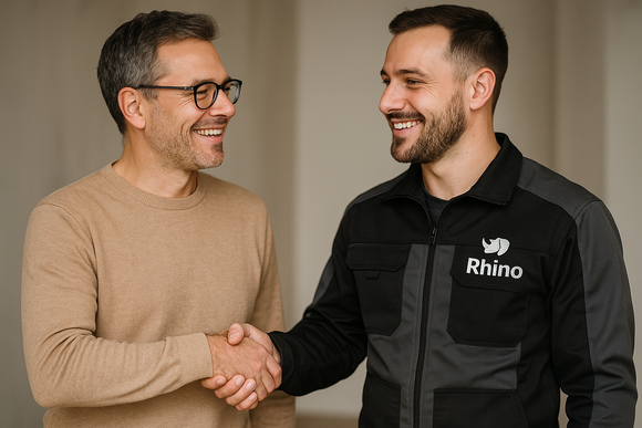 Zwei Männer schütteln sich lächelnd die Hände. Der eine trägt einen beigen Pullover, der andere eine Rhino-Arbeitsjacke. Weißer Hintergrund.