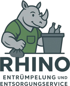A smiling rhino in a green shirt throws trash into a bin.