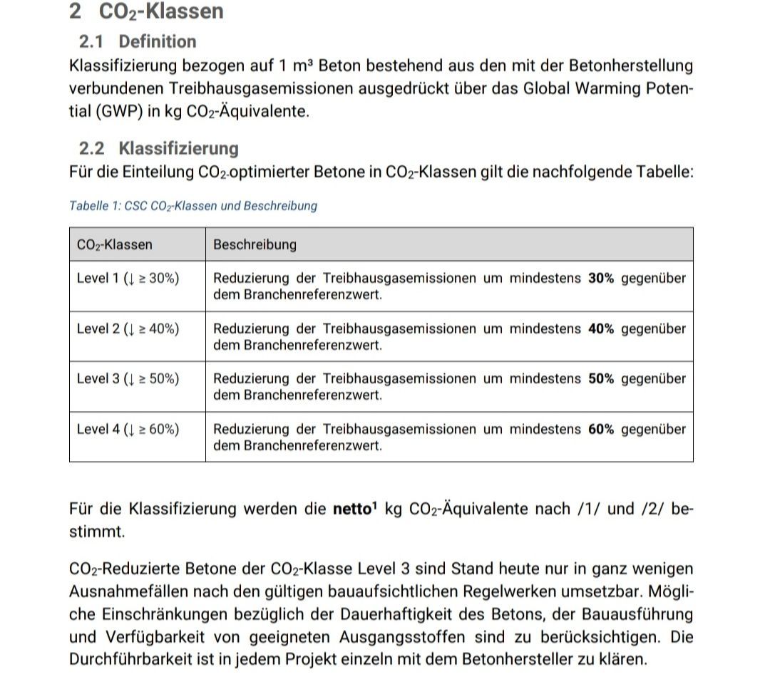 „CSC Level 2 Beton (↓ ≥ 40%) “ zu verwenden. Damit wird ein  Reduzierung der Treibhausgasemissionen um 40% gegenüber dem (sehr hohen) Branchenreferenzwert.