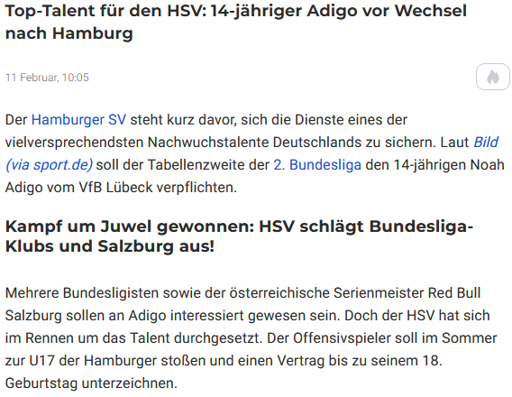 Wechsel vom VfB Lübeck zum HSV Wieder ein ablösefreier Transfer in die Bundesliga.