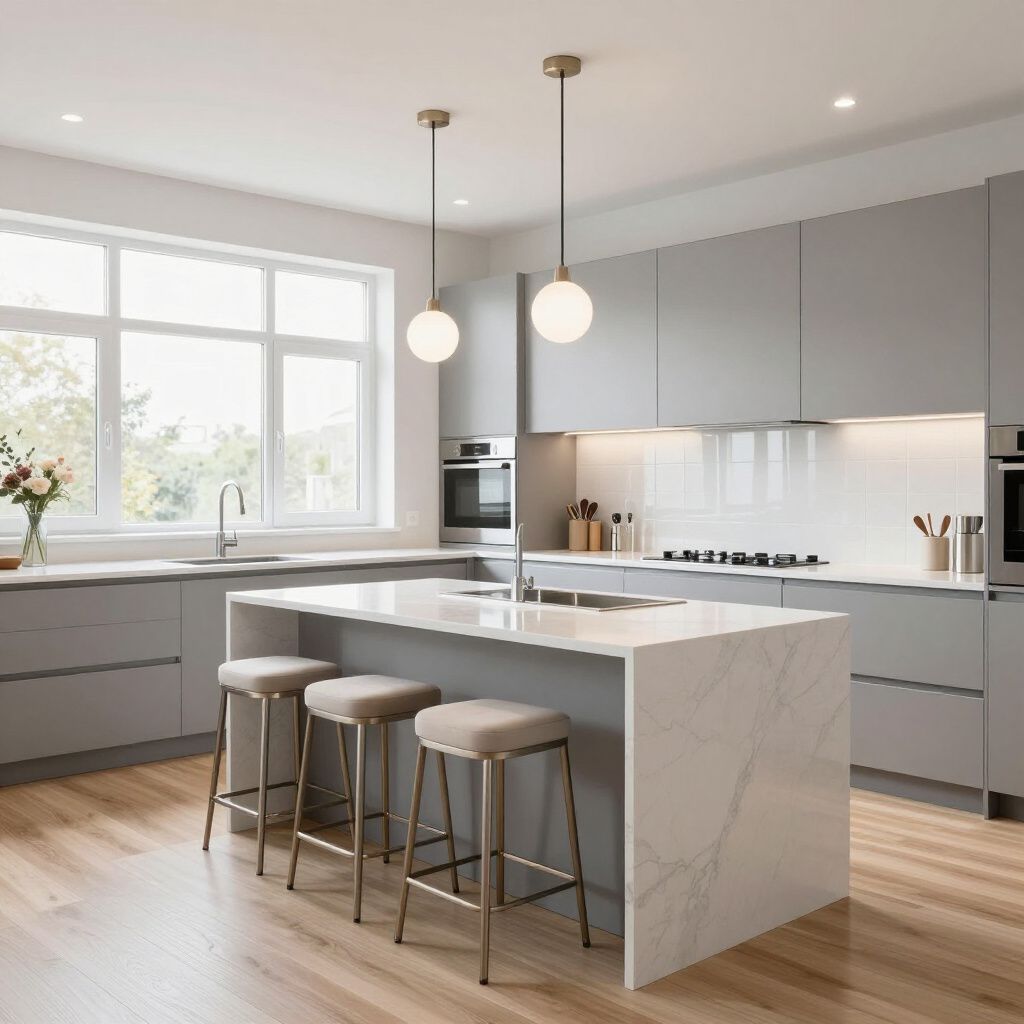 Moderne graue Küche mit Kochinsel, Marmorarbeitsplatte und drei Barhockern.