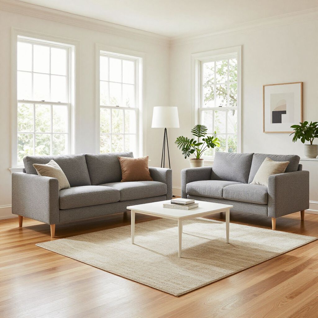 Wohnzimmer mit grauen Sofas, beigem Teppich, weißem Couchtisch und Fenstern.