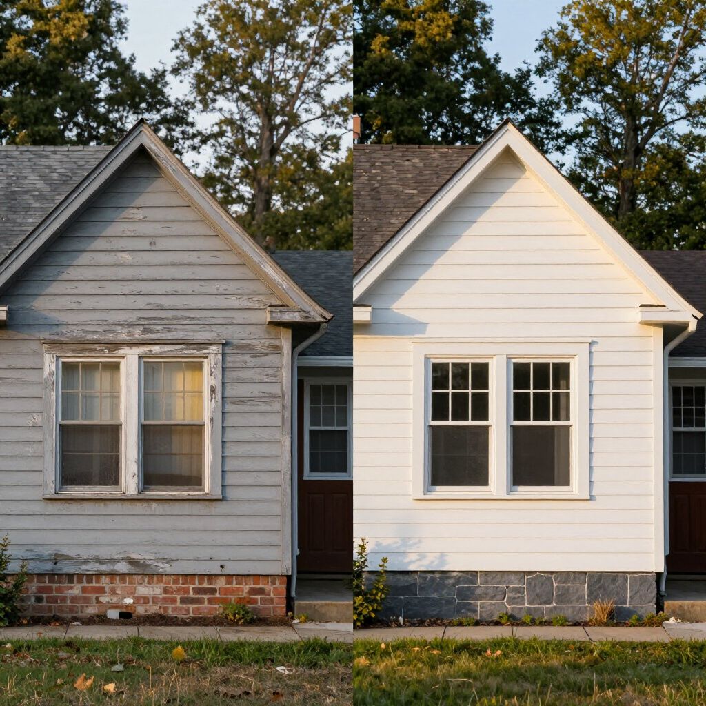 Vorher- und Nachher-Foto eines kleinen Hauses; linke Seite verwittert, rechte Seite frisch weiß gestrichen.