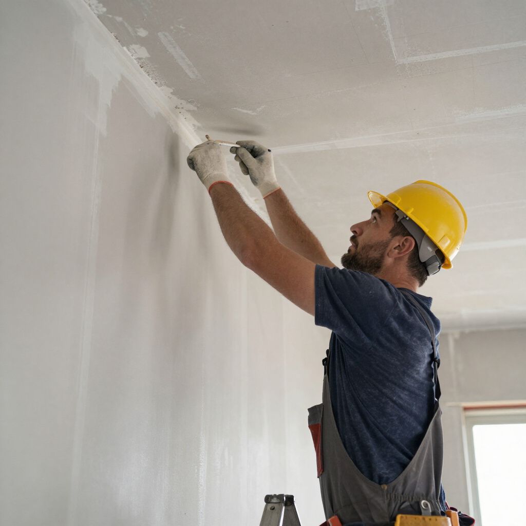 Ein Bauarbeiter mit Schutzhelm trägt Gips an eine Decke auf.
