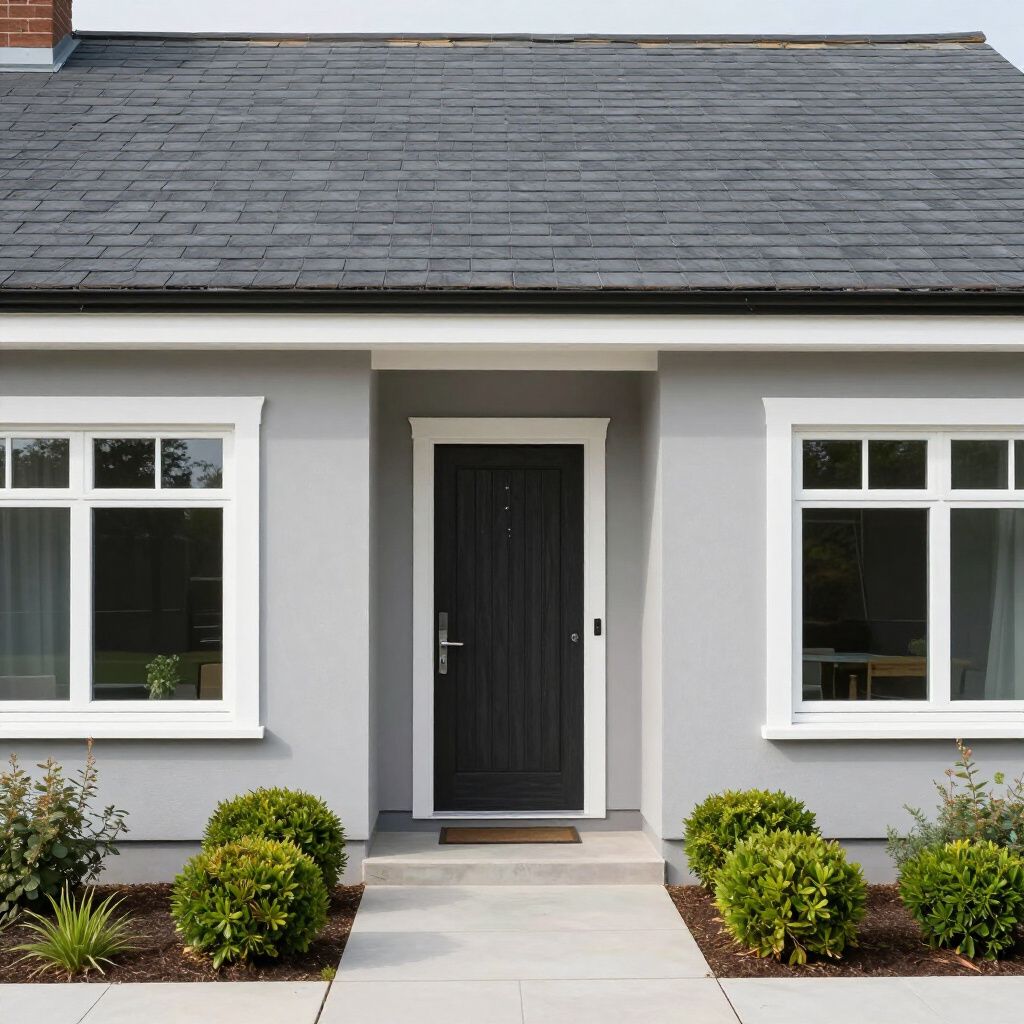 Graues Haus mit dunkler Tür, weiß gerahmten Fenstern, grauem Dach und Steinweg.
