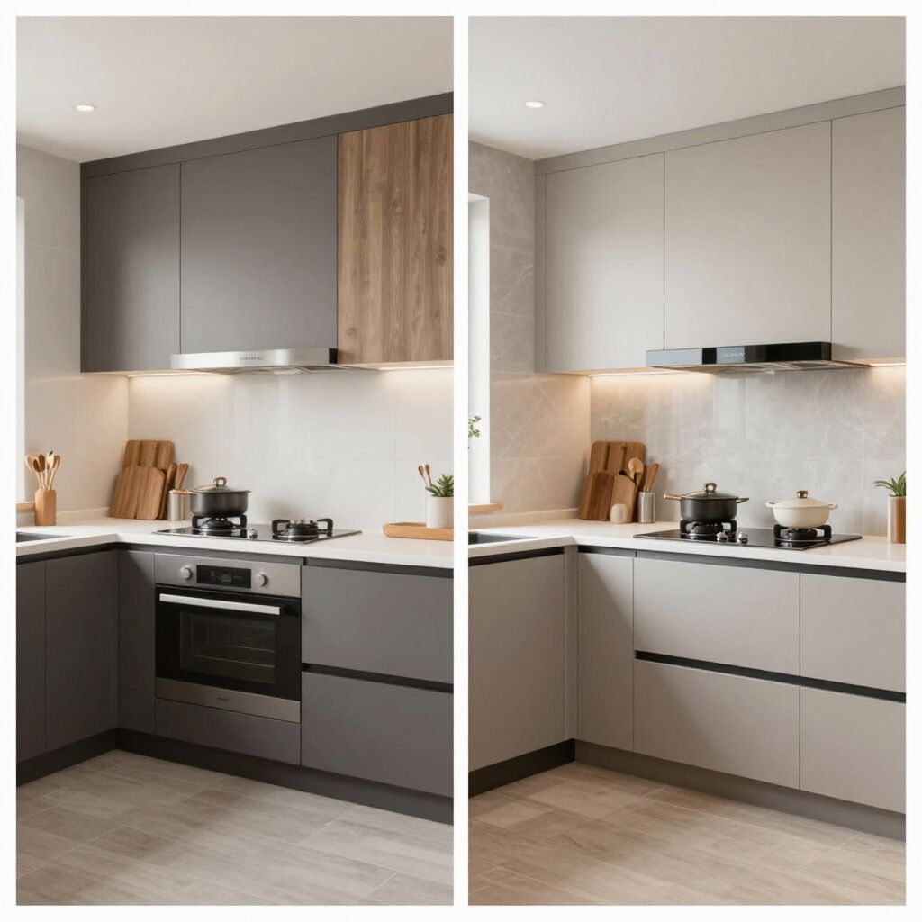 Zwei moderne Küchen mit grauen und hölzernen Schränken, einem Herd und weißen Arbeitsplatten.