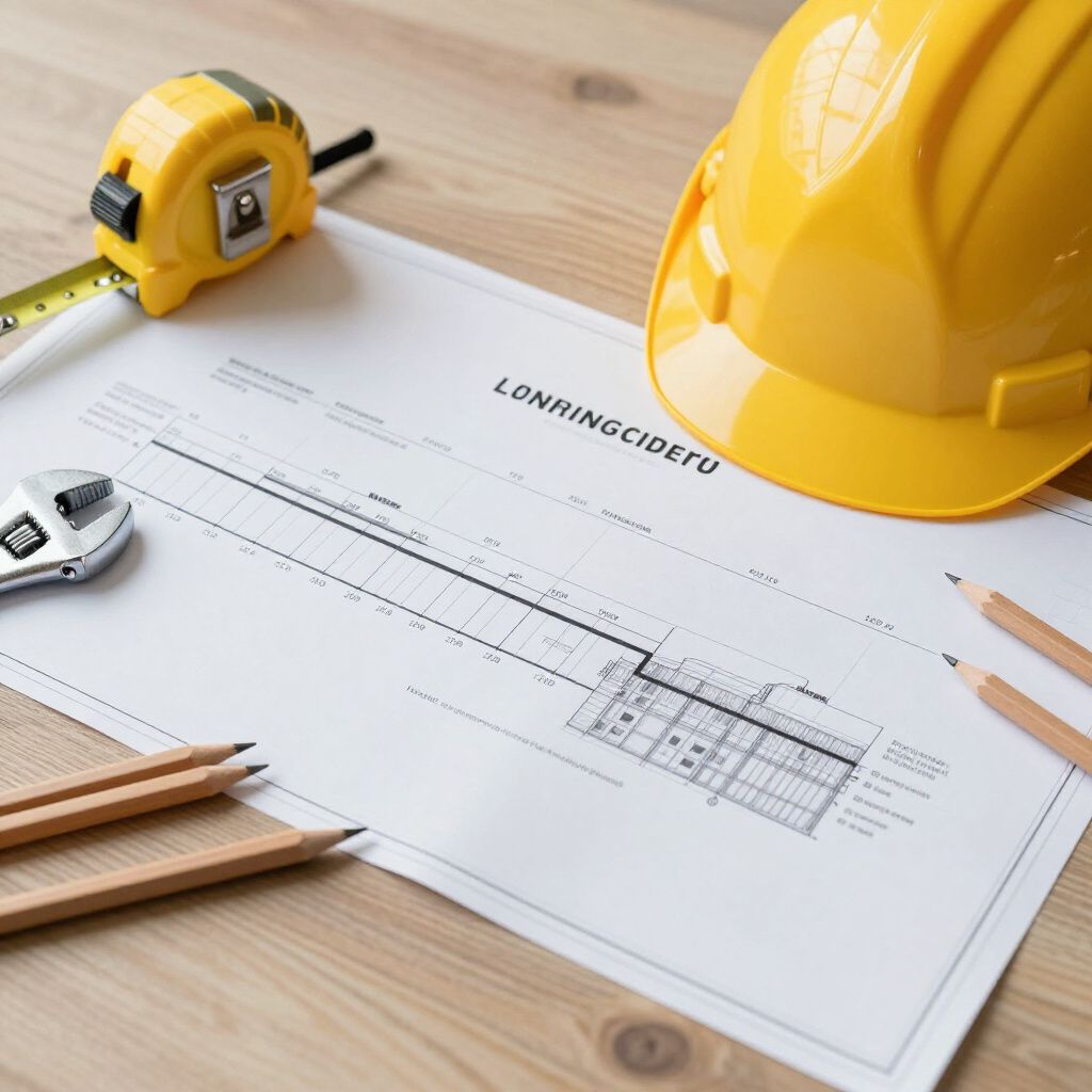 Bauplan mit gelbem Schutzhelm, Maßband, Schraubenschlüssel und Bleistiften auf einer Holzoberfläche.