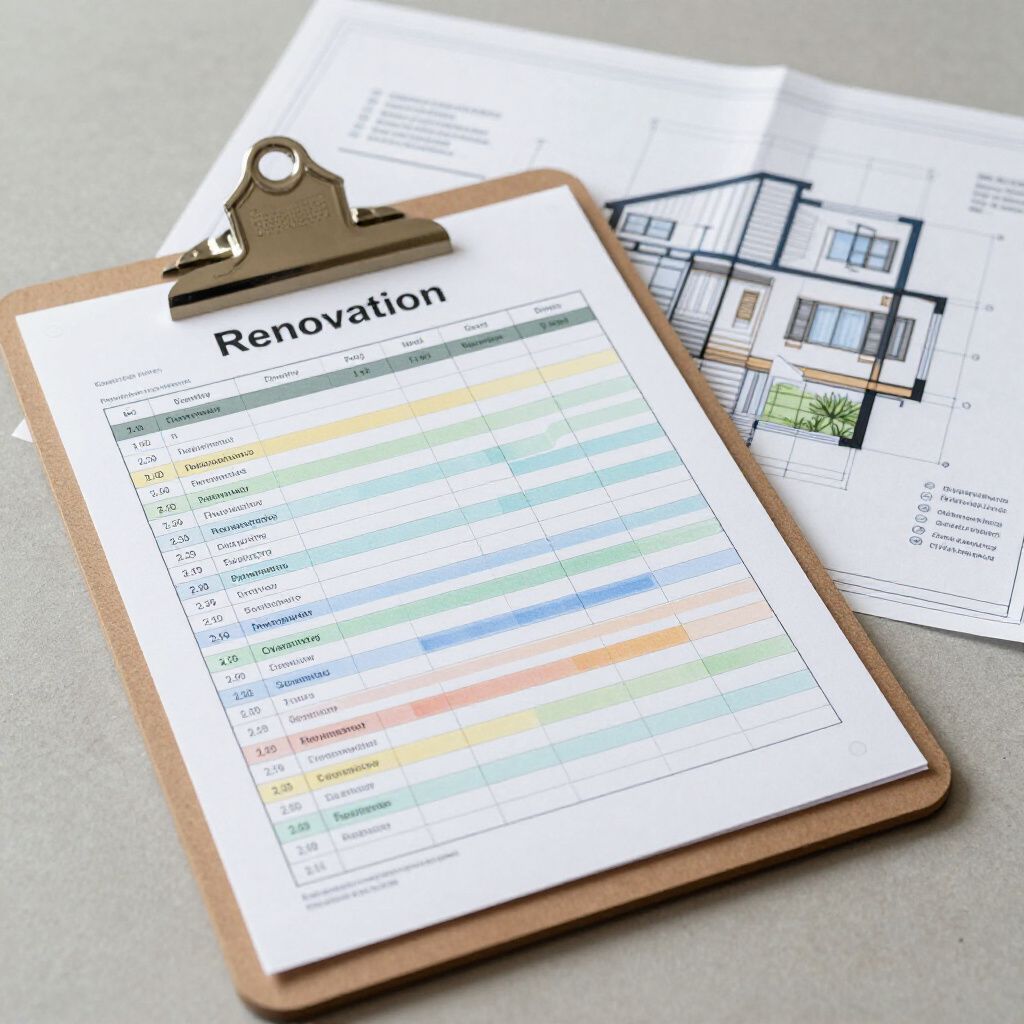 Klemmbrett mit Renovierungsplan und Architekturentwürfen auf hellem Untergrund.