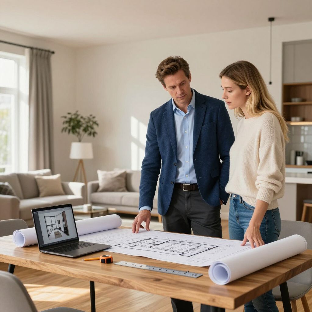 Ein Mann und eine Frau betrachten Baupläne auf einem Tisch neben einem Laptop. Innenarchitekturkonzept.