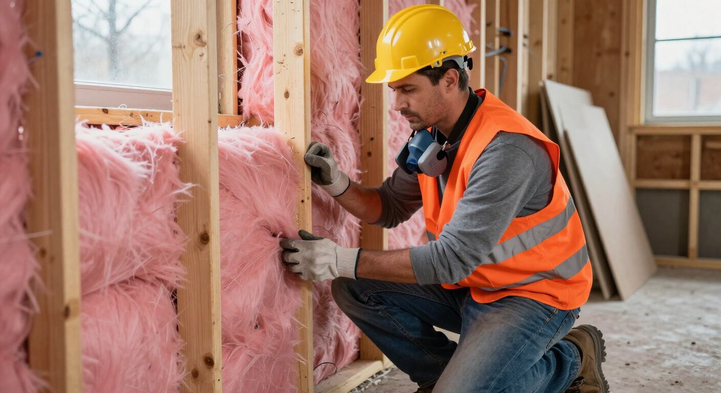 Ein Arbeiter installiert rosafarbene Dämmung in einem Holzrahmen. Er trägt einen Schutzhelm und eine Sicherheitsweste.