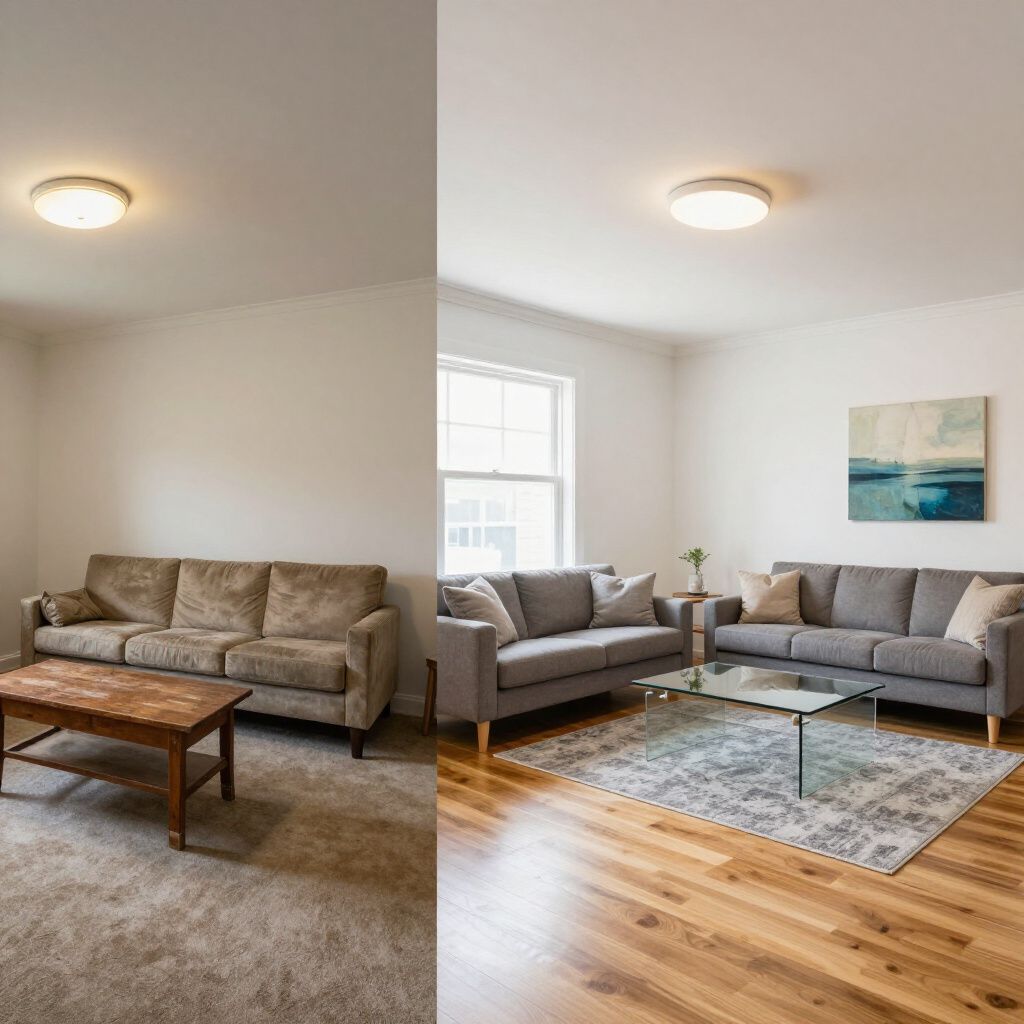 Vorher-Nachher-Vergleich eines Wohnzimmers: eines mit abgenutzten Möbeln und Teppichboden, das andere mit moderner Einrichtung und Holzböden.