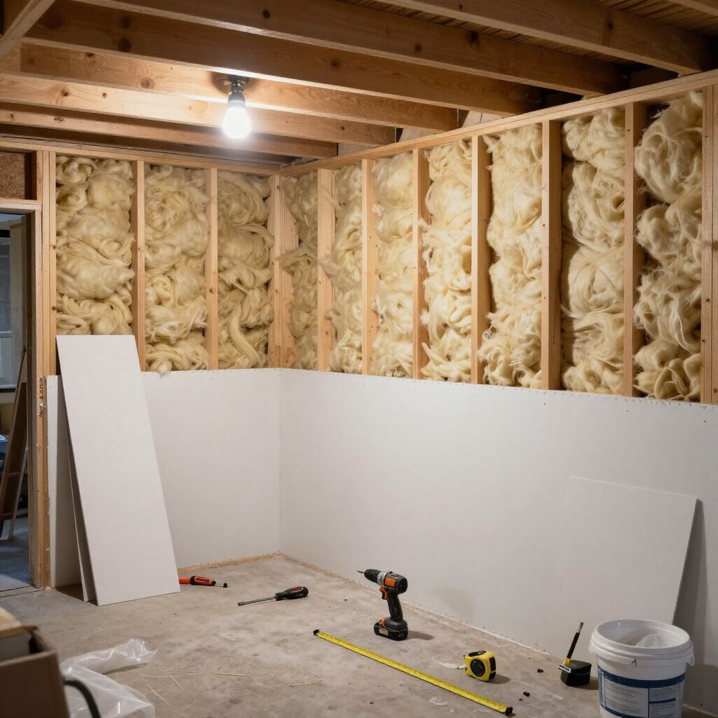 Innenansicht eines im Bau befindlichen Raumes mit freiliegendem Holzfachwerk, Dämmung und Gipskartonplatten. Werkzeuge und Baumaterialien sind vorhanden.