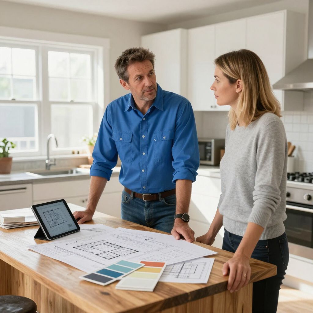 Ein Mann und eine Frau betrachten Baupläne und ein Tablet auf einer Kücheninsel.