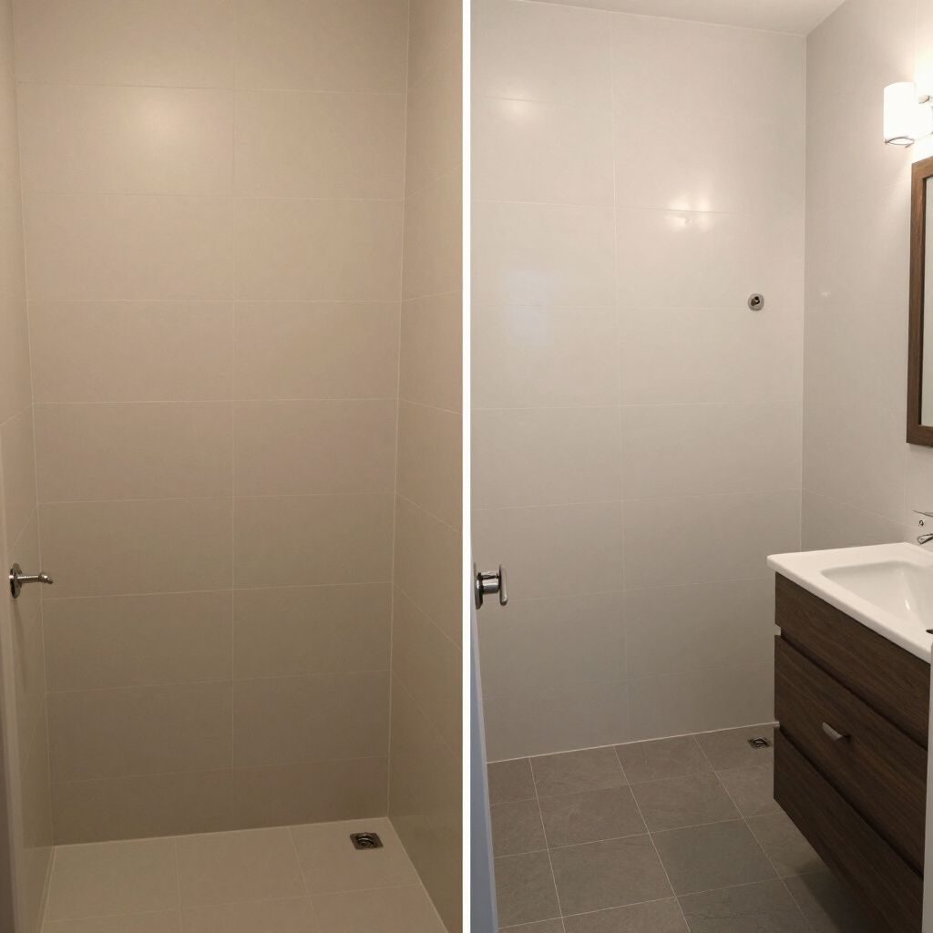 Zwei Ansichten eines weiß gefliesten Badezimmers. Auf dem einen ist eine Dusche zu sehen, auf dem anderen ein Waschbecken und ein Spiegel.