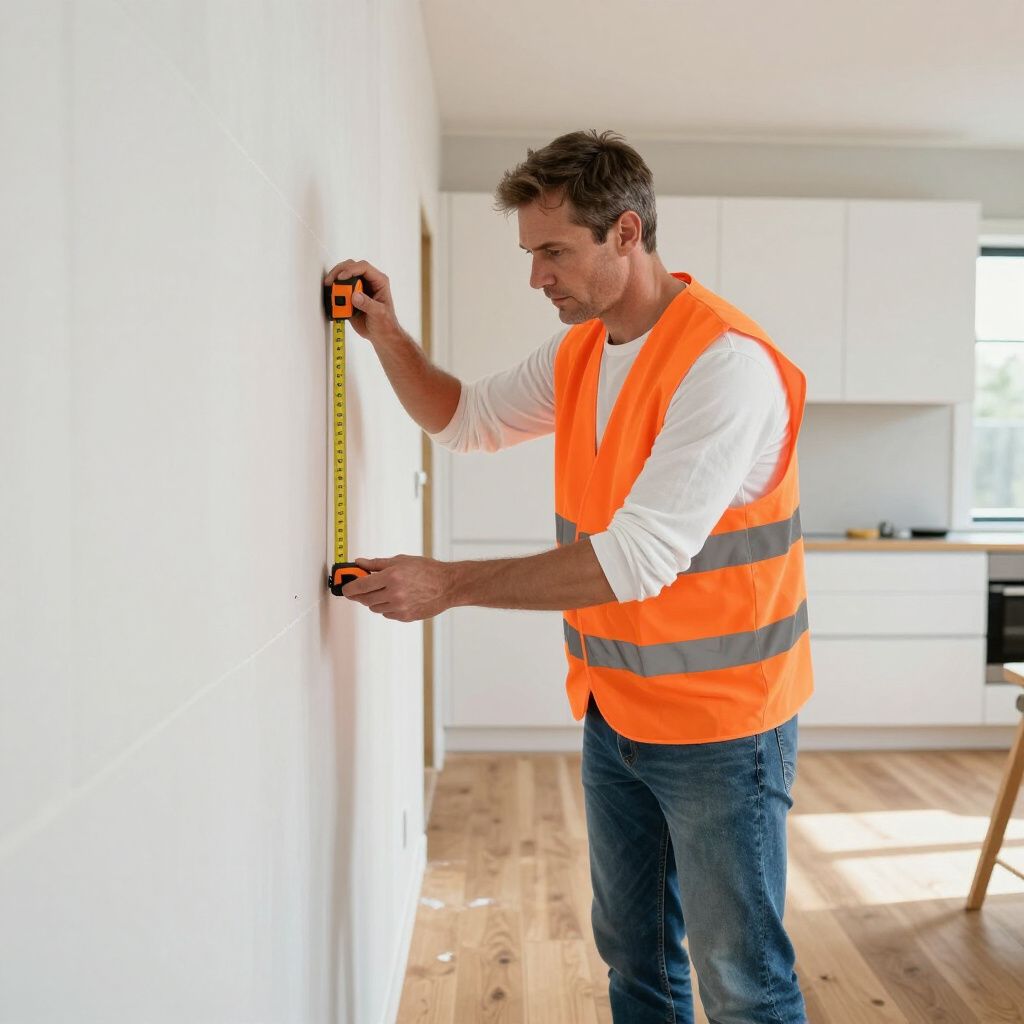 Mann in orangefarbener Sicherheitsweste misst mit einem Maßband eine weiße Wand, Innenraum.