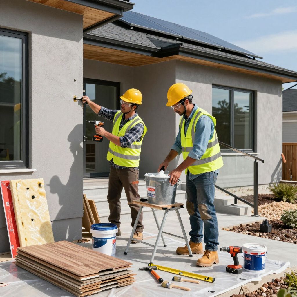 Zwei Bauarbeiter montieren Fassadenverkleidungen an einem Gebäude; sie tragen Schutzhelme und Sicherheitswesten.