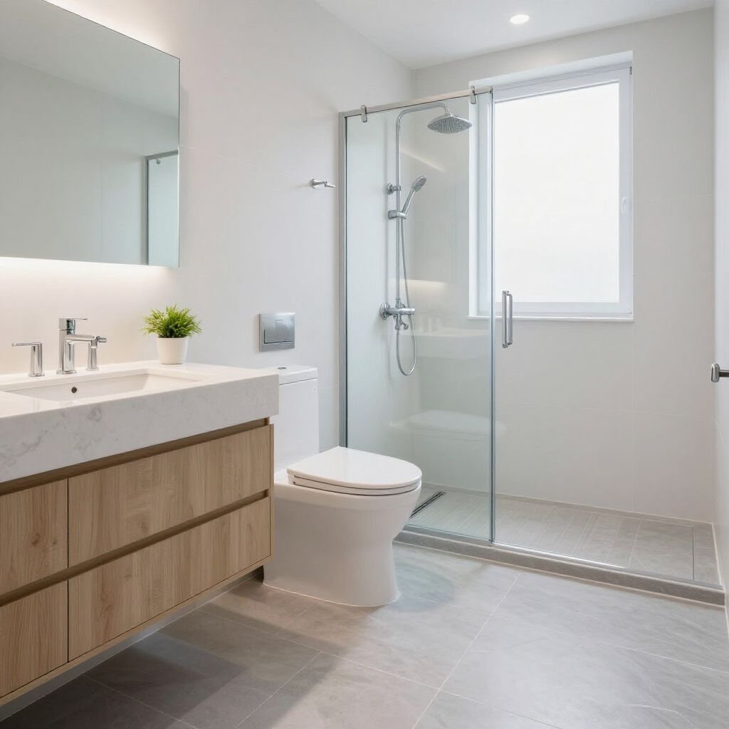 Modernes Badezimmer mit Waschtisch aus Holz, Marmorarbeitsplatte, Glasdusche und Toilette.