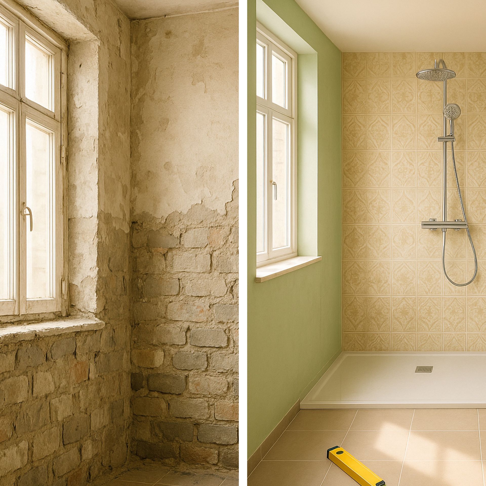 Badsanierung, Bad-Modernisierung, Fugenloses Badezimmer, Bad gekachelt, altes Bad renovieren