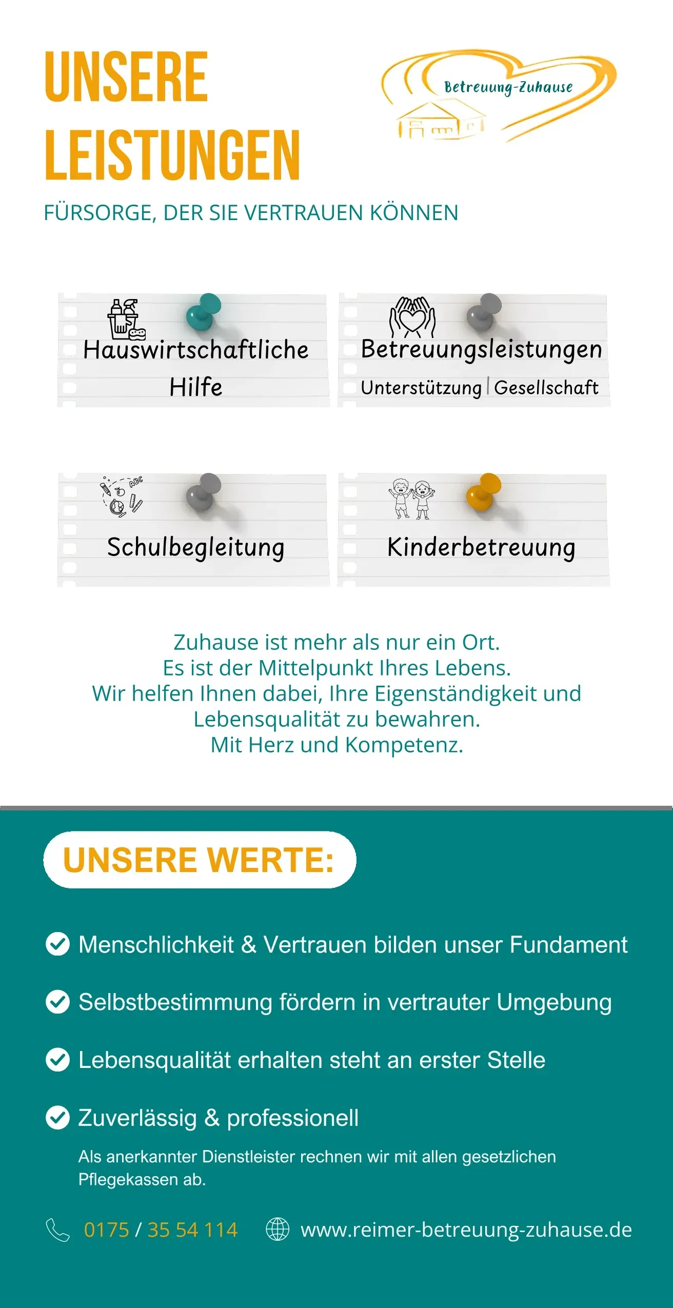 Marketingflyer für einen Pflegedienst mit Auflistung der angebotenen Leistungen und Werte, einschließlich Kontaktinformationen und Website.